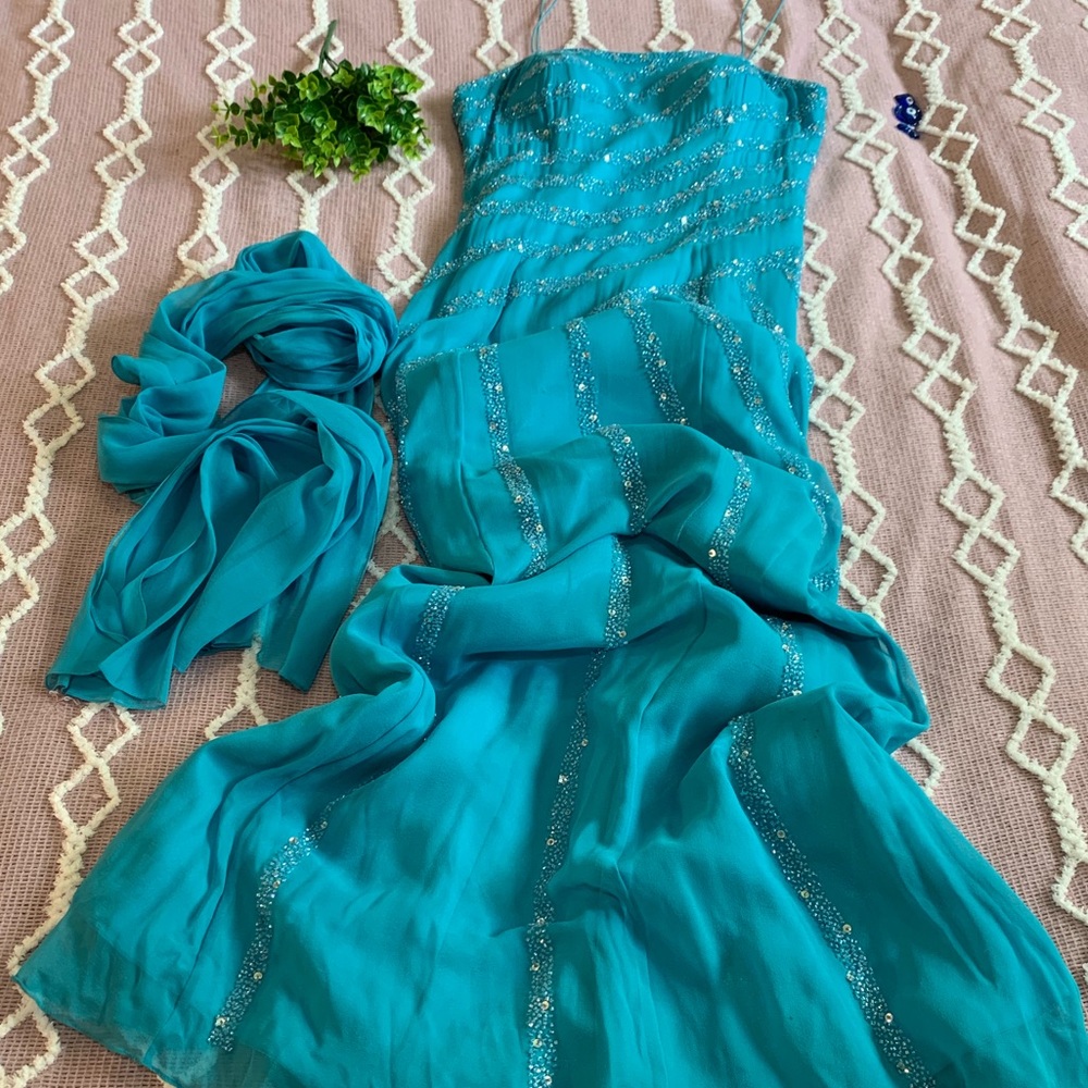 LARA Teal Beaded Strapless Prom Dress with Shawl Scarf y2k